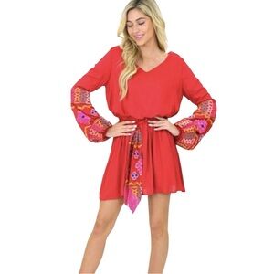 Judith March Gypsy Embroidered Red Belted Long Sleeve Boho Festival Dress
